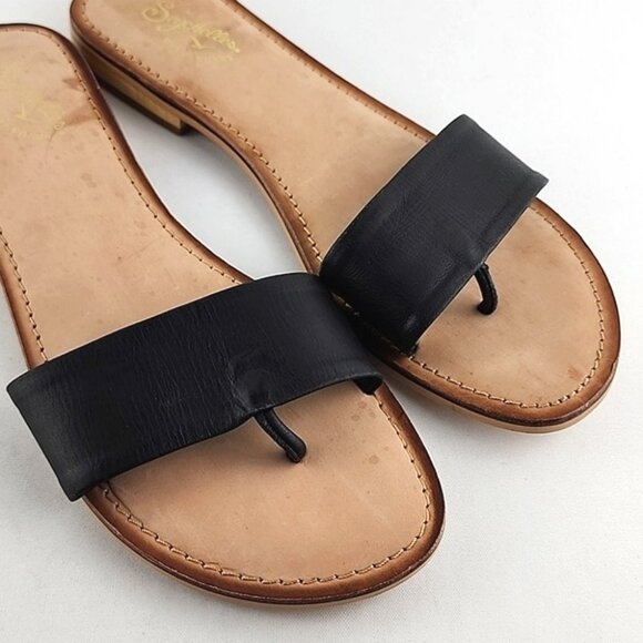 Seychelles Weekenders City Slicker Black Tan Leather Flat Thong Sandal Size 8 - Picture 6 of 12